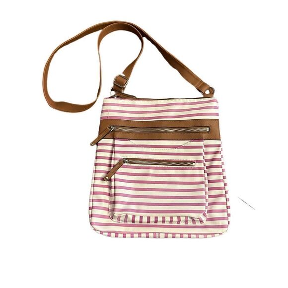 New! Vegan Leather Pink and White Striped Crossbody - Picture 1 of 4